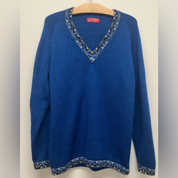 Women’s L  Large Alpaca Wool Sweater Blue Indigenous Spanish Peruvian Pattern - Picture 1 of 8